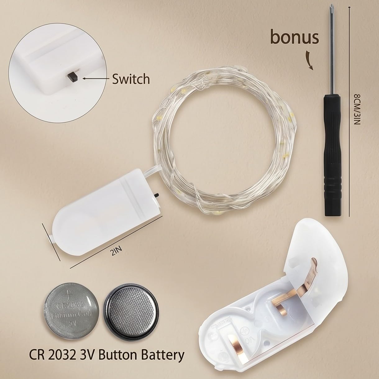 Paquete de 24 luces de hadas funcionan con pilas de 2 m, 20 luces LED de alambre plateado, luces estrelladas para bricolaje, bodas, fiestas, festivales, Halloween, Navidad (blanco cálido)