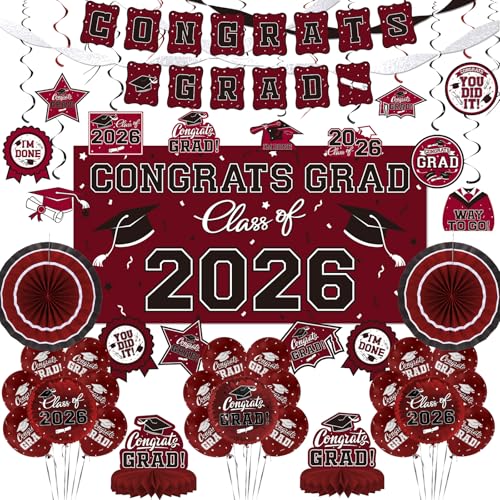 Maroon Themed 2026 Graduation Decorations Set - Congrats Grad Banner Class of 2026 Backdrop Balloons & Streamers Kit - Complete Party Supplies for High School & College Celebrations