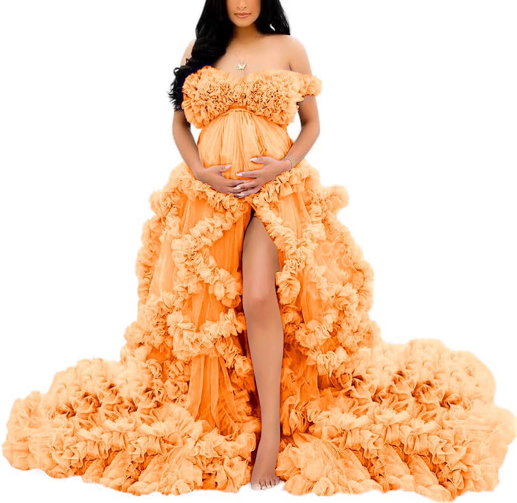 YIANN Women's Maternity Dresses Off Shoulder Tulle Bridal Robe for Photoshoot Pregnancy Dress for Baby Shower Gown UK10 Orange