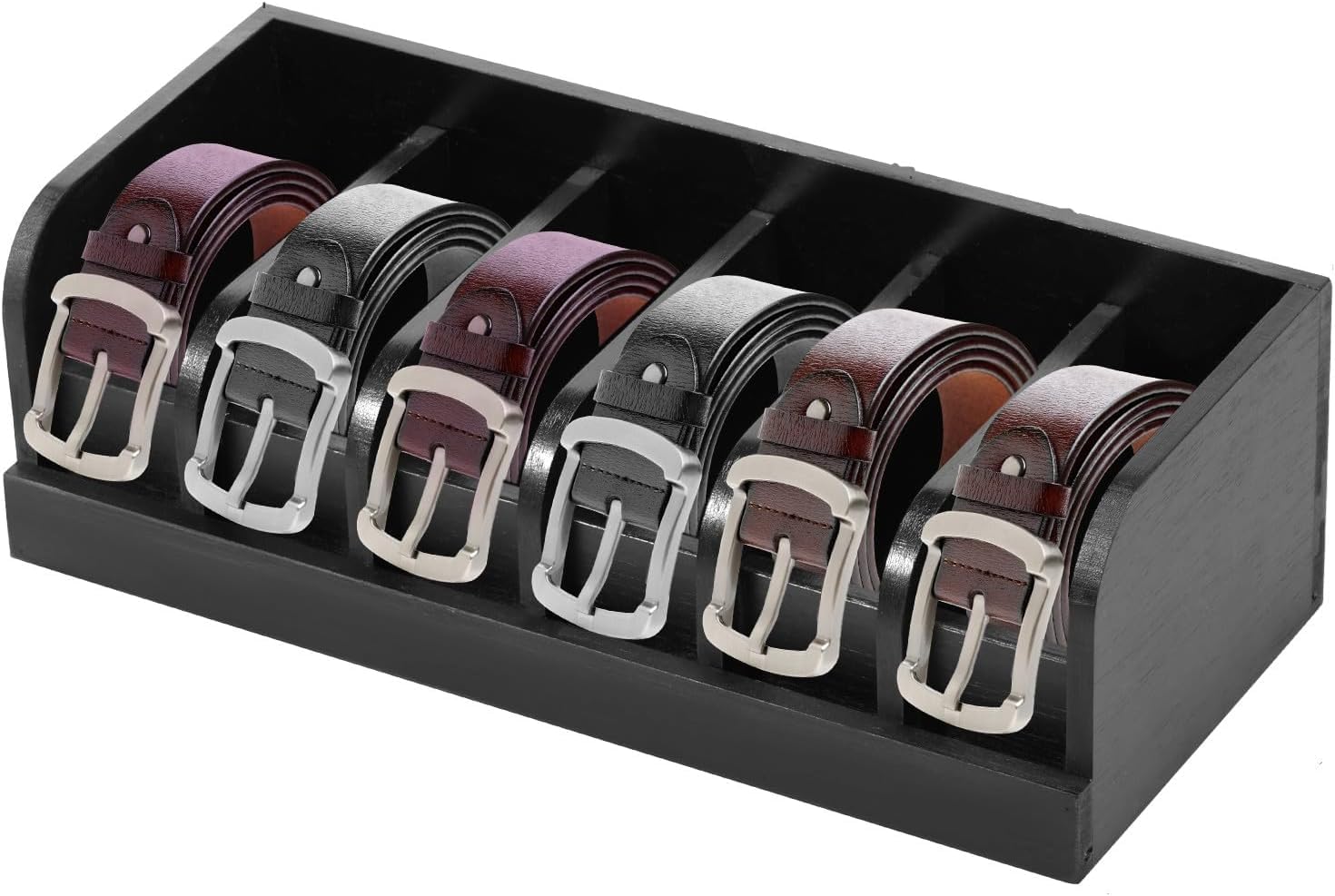 NIHUIFDPY Wooden Belt Organizer, 6 Compartments Belt Storage Holder, Belts Display Storage Box, Belts Display Case for Closet Drawer Tie Bow Watch Jewelry Cosmetic (black)