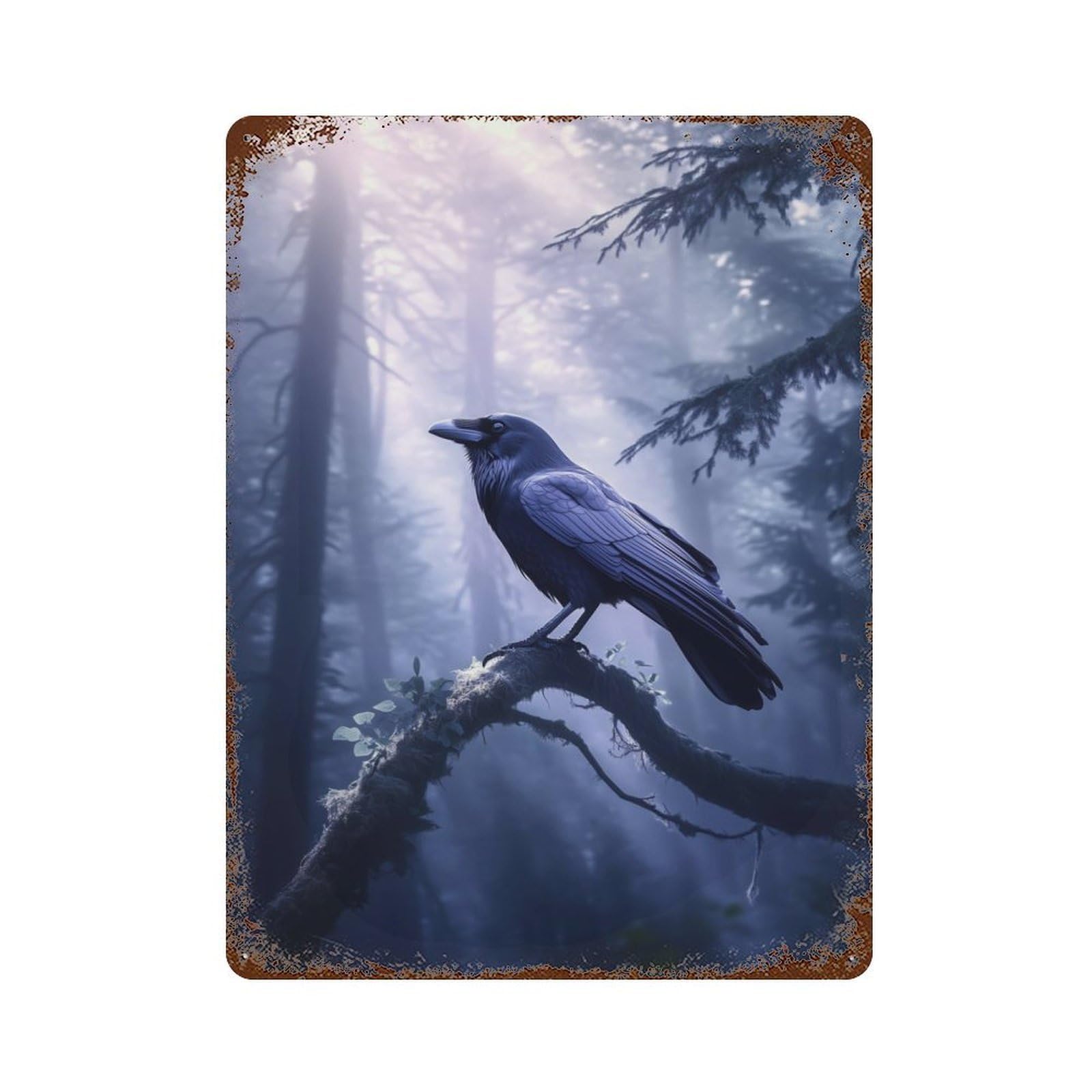Raven Crow in Misty Forest Vintage Wall Sign 15.7"x11.8", Rust Effect Metal Decor for Patio, Garden Room And Bar Decor