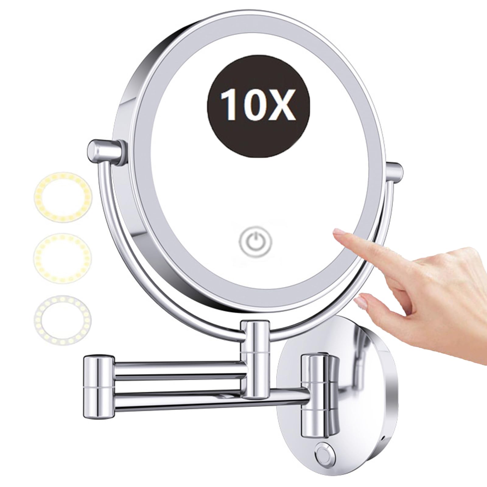 REWIS 8 Inch Hard-Wired Wall Mounted LED Lighted Makeup Vanity Mirror with Touch Screen Dimmable, Dual Sided Rotatable 10X Magnifying Cosmetic Beauty Mirror, Bathroom HD Shaving Mirror,Silver,3Color