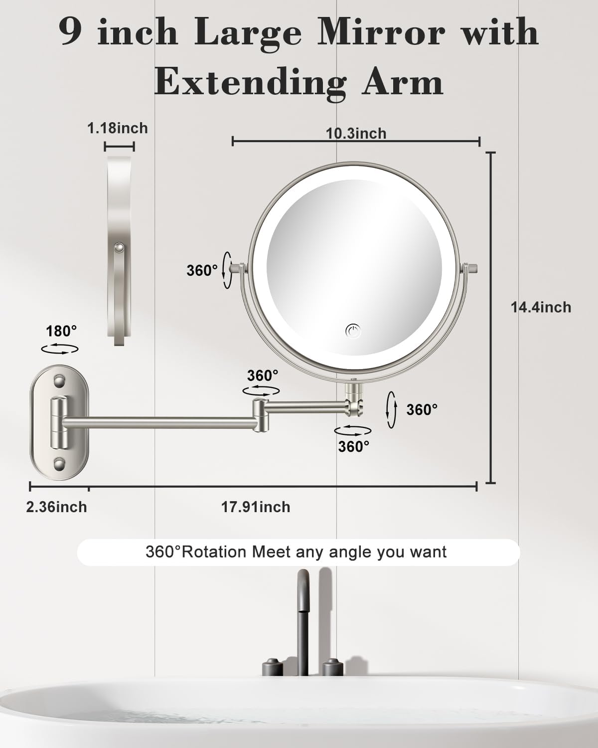 9'' 30X/1X Wall Mounted Lighted Makeup Mirror, Height Adjustable Double Sided 5000mAh Rechargeable Magnifying Bathroom Mirror with Light, 3 Color Modes Touch Dimmable Extended Arm 360 Rotation - Image 6