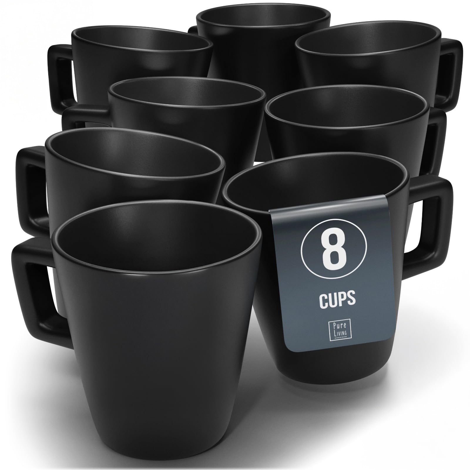 Stoneware coffee mugs set 8 pcs – 12 oz matte black ceramic cups – Dishwasher and microwave safe – Stylish large mug set – Dinner service Pure Living