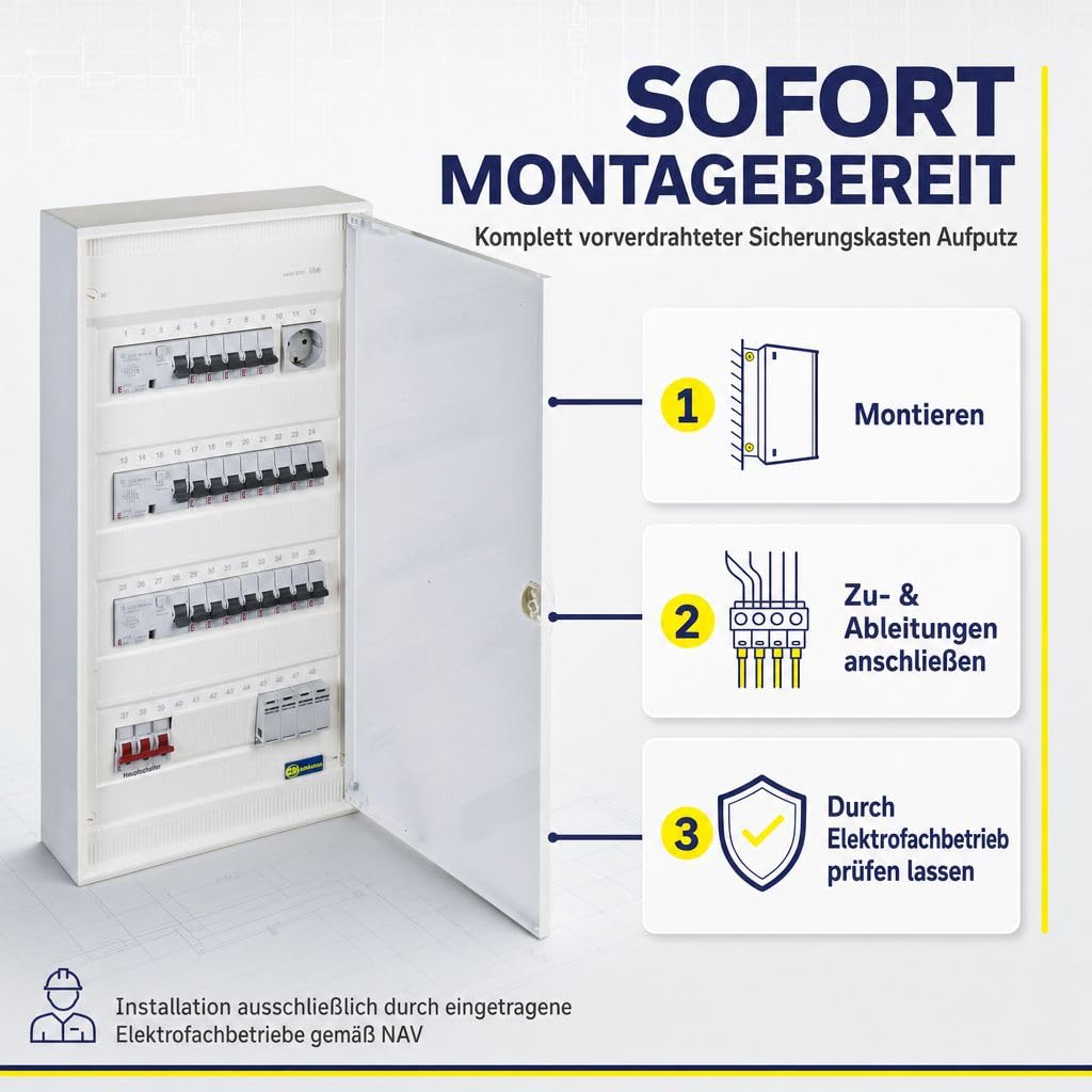 grenda-hammer Sicherungskasten Aufputz 4-reihig komplett verdrahtet, Stromverteiler mit Hauptschalter, 3x FI Schutzschalter, 21x LS-Schalter B16A, Überspannungsschutz Typ 2, Verteilerschrank