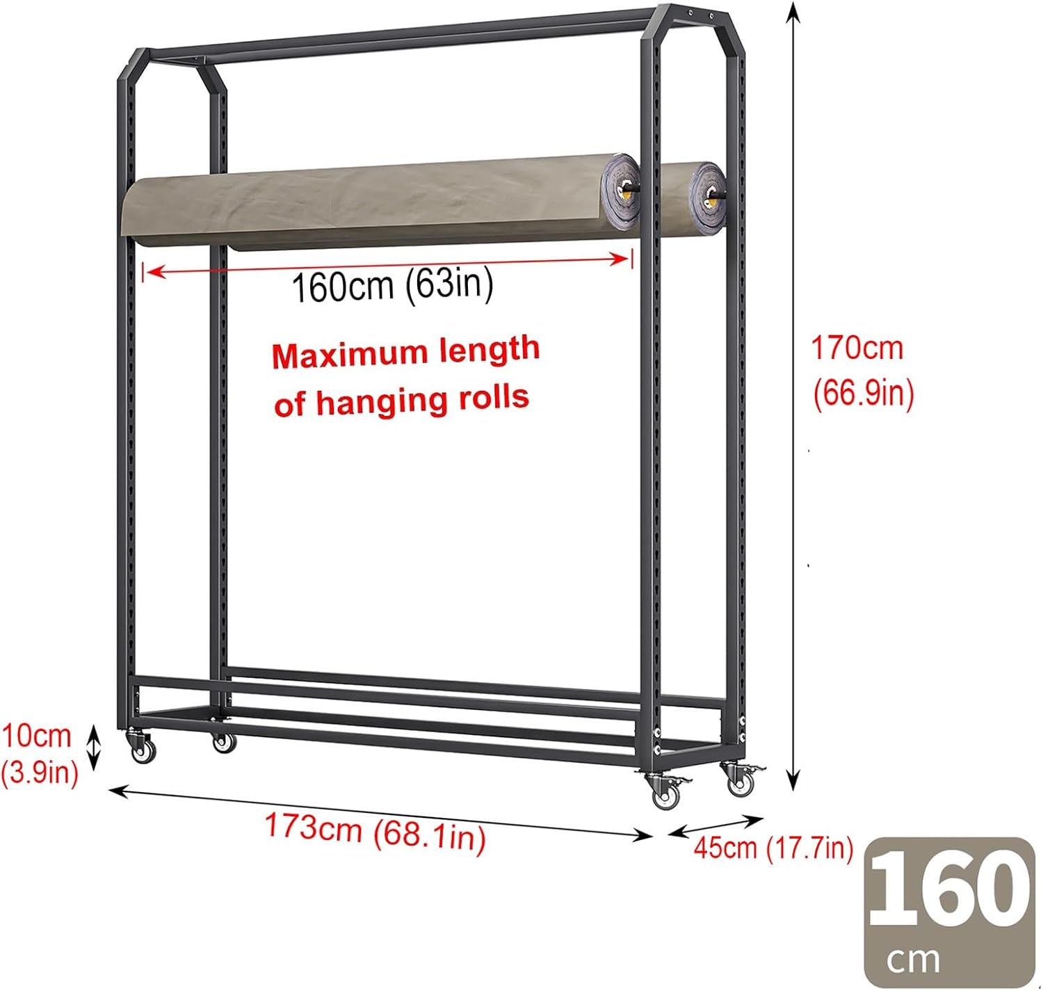 Heavy Duty Fabric Roll Storage Rack with Adjustable Rods & Wheels - Mobile Organizer for Vinyl, Leather, Wallpaper & Window Film (160cm, 10 Rods) - Perfect for Crafting & DIY Projects
