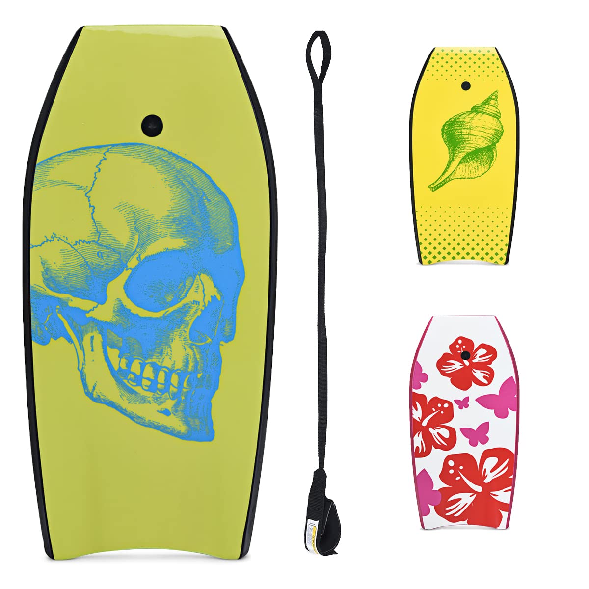 GYMAX Planche de Surf en XPE et HDPE Robuste, Charge Max 85 kg | Bodyboard Vert pour Plus de 14 Ans, 105×51×6 cm, Sangle de 90 cm et Motif de Crâne