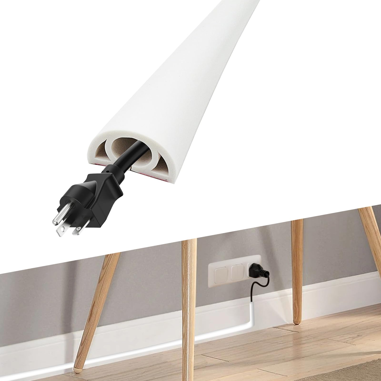 Aartner Floor Cord Covers cable trunking for electric cables,self adhesive conduit wire tv cable hider flexible,wall cable management kit extension lead cover for wires floor (White-2M)
