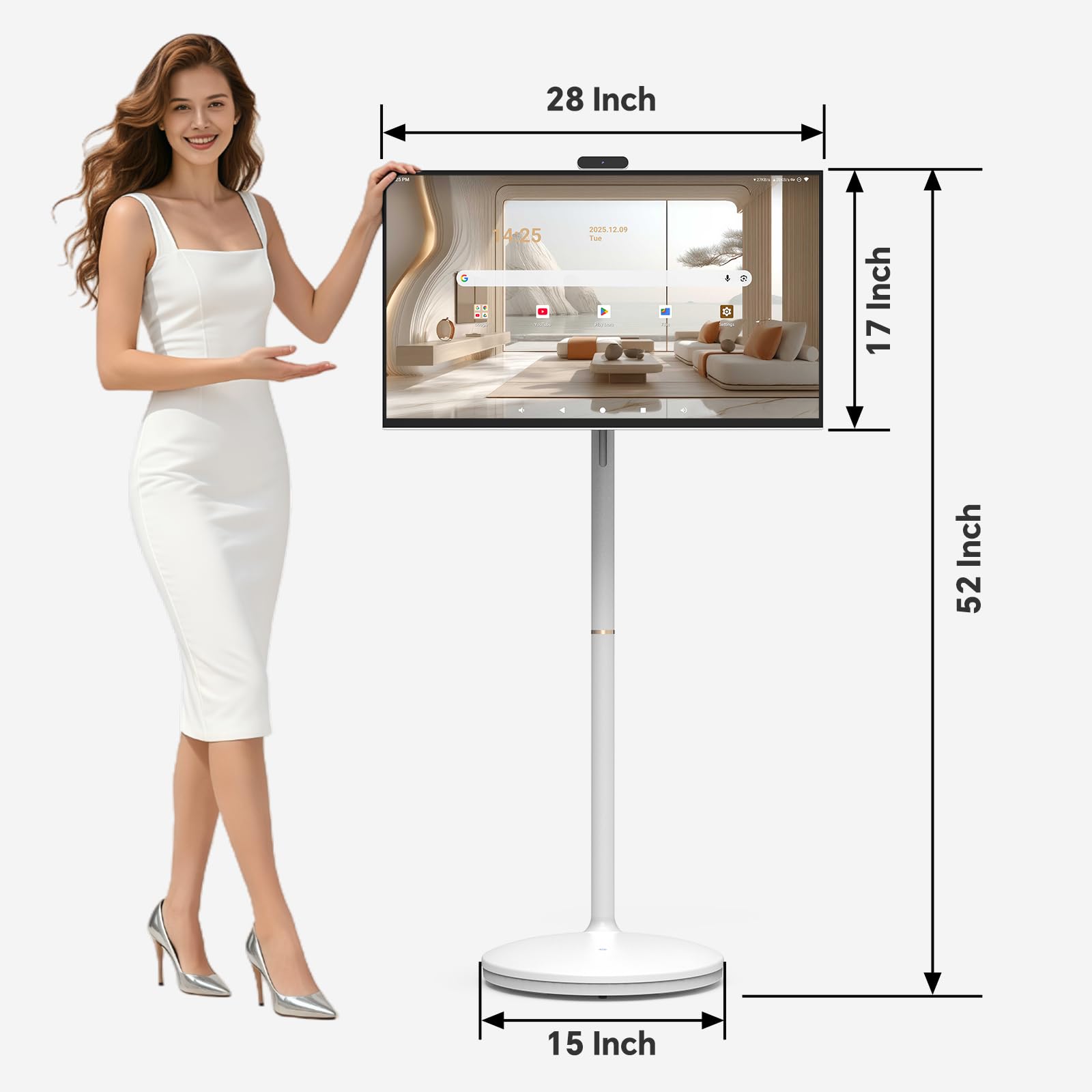 27 Inch Portable TV FHD 1080P Smart Touchscreen Monitor, Android Rolling TV with Detachable Magnetic Camera, 20W Speakers, Rechargeable Battery, Full Swivel Rotation, Built-in Voice Remote