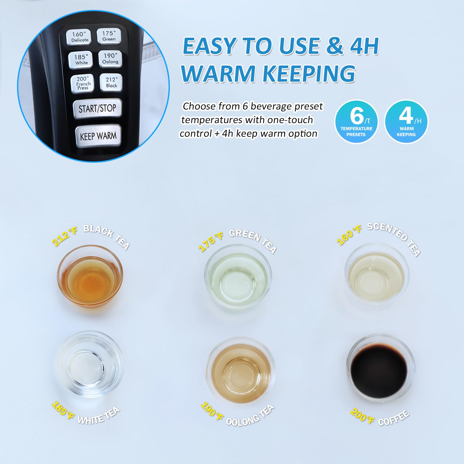 Glass Steel Cordless Electric Kettle Temperature Control 6 Presets Double Layer Body Double Safety Hot Water Boiler 4H Keep Warm 1500W 1.7L Electric Teapot Auto Shut Off Boil-Dry Protection BPA-Free