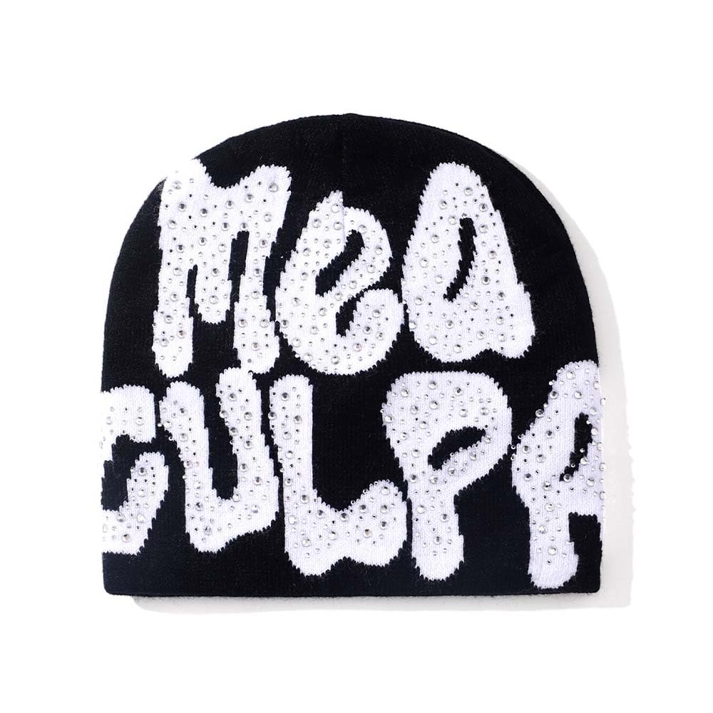 Gflpo Unisex Black With Rhinestone Mea Culpa Beanie Y2k Beanie Women Beanie Y2k Hat Graphic Beanie Winter Hat Knit Skull Cap Knitted Cap Y2k Accessories, One Size