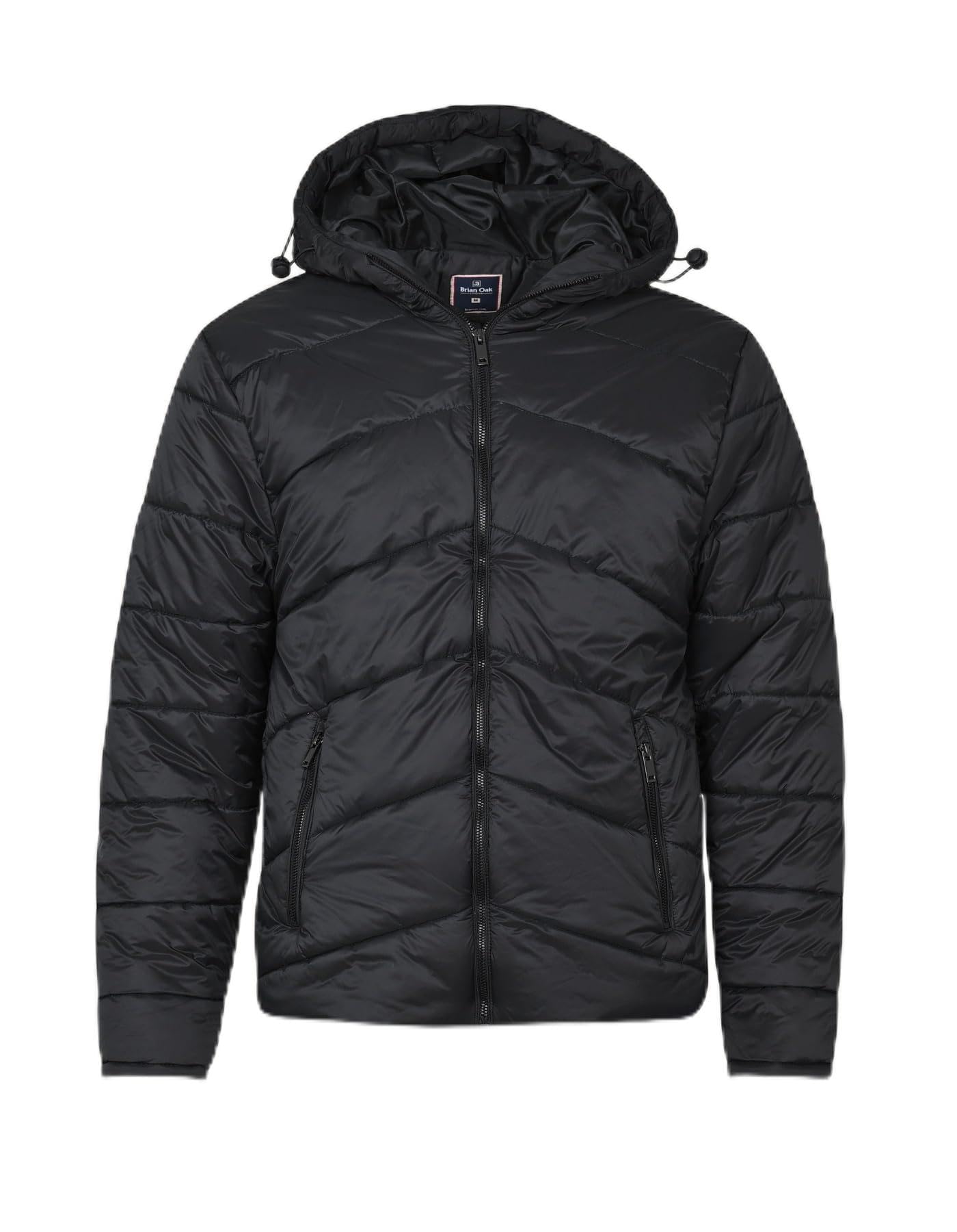BRIAN OAK LONDON Black Hooded Puffer Jacket (UK, Alpha, L, Regular, Regular, Black)