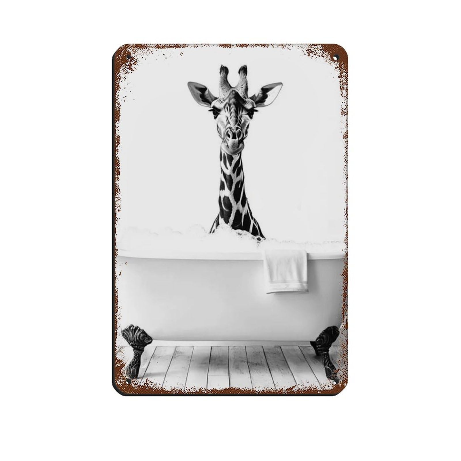 Giraffe in The Bathtub, Cute Bathroom Art Tin Sign Vintage Metal Pub Club Cafe Bar Home Wall Art Decoration Poster Retro 8x12inch(20x30cm)