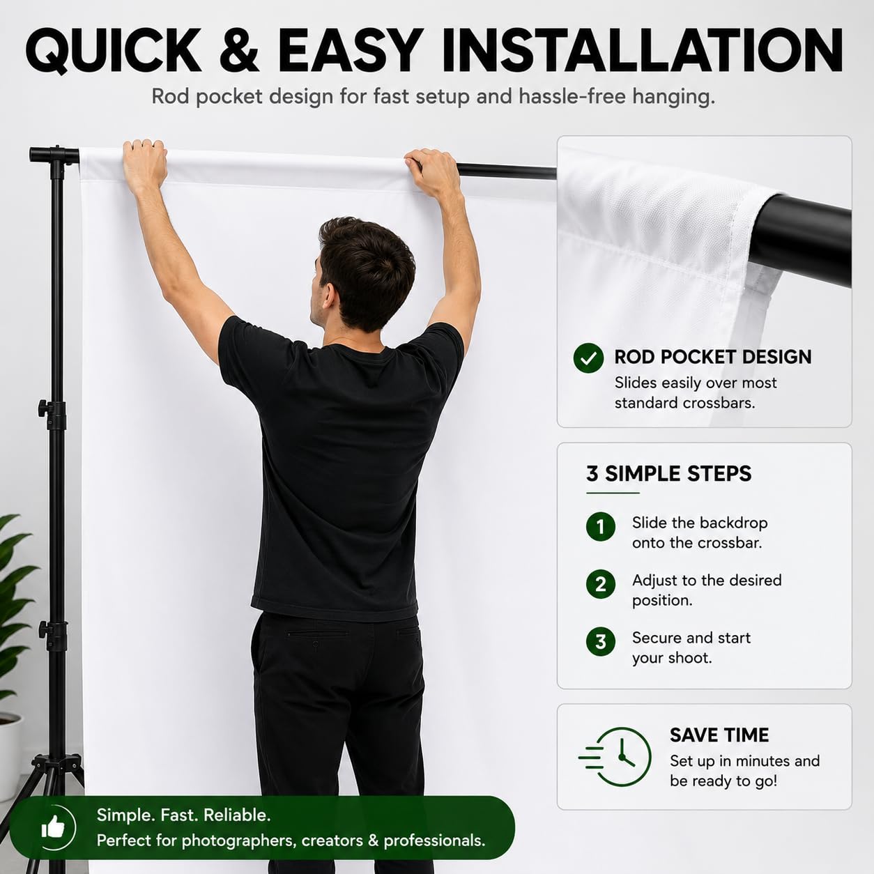 Boltove® 6x9 Ft White Photography Backdrop with Rod Pocket | Wrinkle-Resistant Polyester Background for Photo Studio, Video Production, YouTube, Product Photography & Events | Stand Not Included 2
