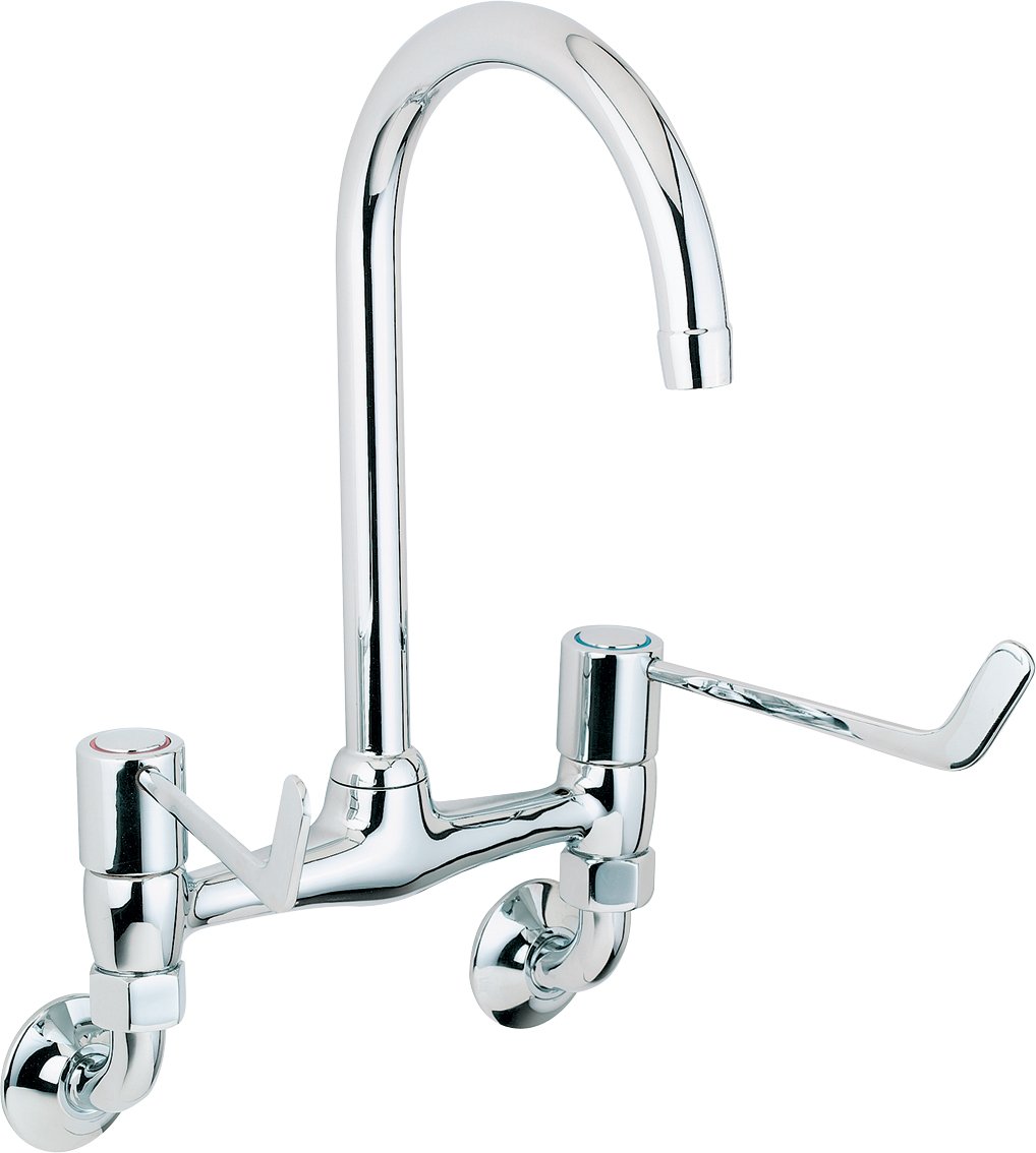 DevaDLV305WM Wall Mounted Bridge Kitchen Sink Tap Chrome with 6" Long Large Lever Action Handles Silver Space Saving Mixer Dual Basin Swivel Spout Taps-12 Year Warranty