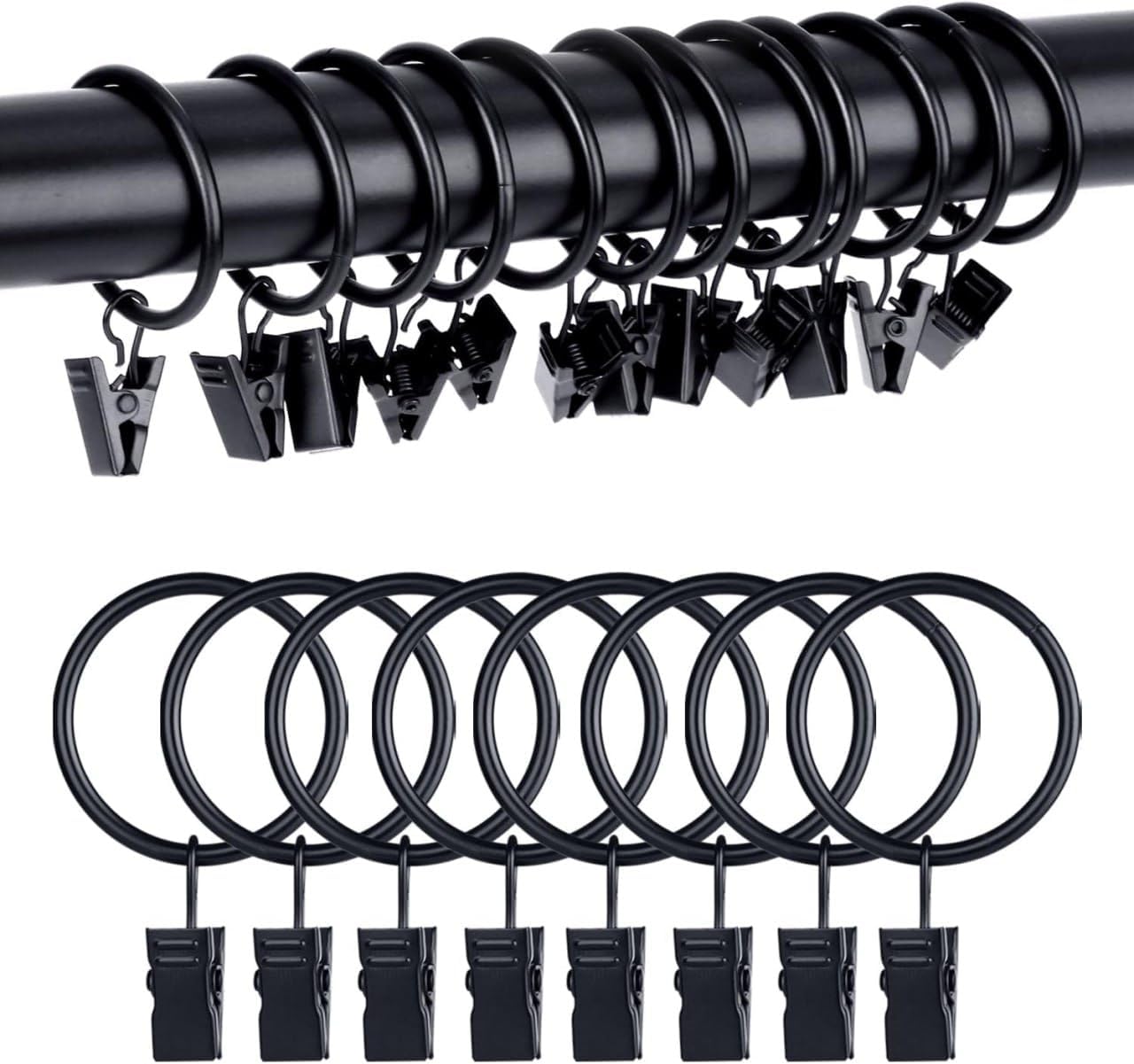 Metal Curtain Rings with Clips – 12 Pack Heavy Duty Window Curtain Rod Rings for Drapes & Home Décor – Smooth Sliding Black Curtain Clip Rings-image-43