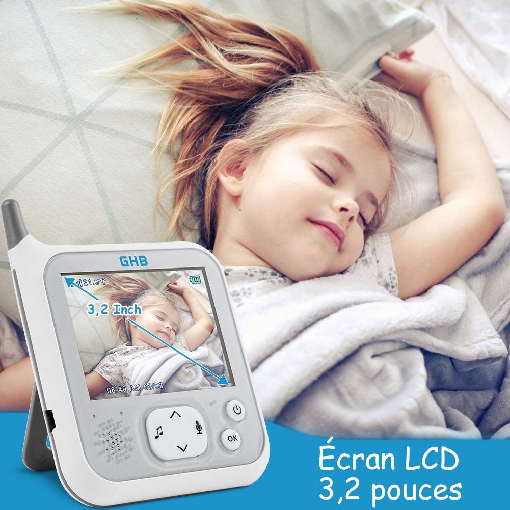 GHB Bebé Monitor Babyphone Cámara de 3,2 pulgadas LCD de 2,4 GHz con Fonciton VOX Sensor de temperatura Comunicación Bidireccional Visión Nocturna