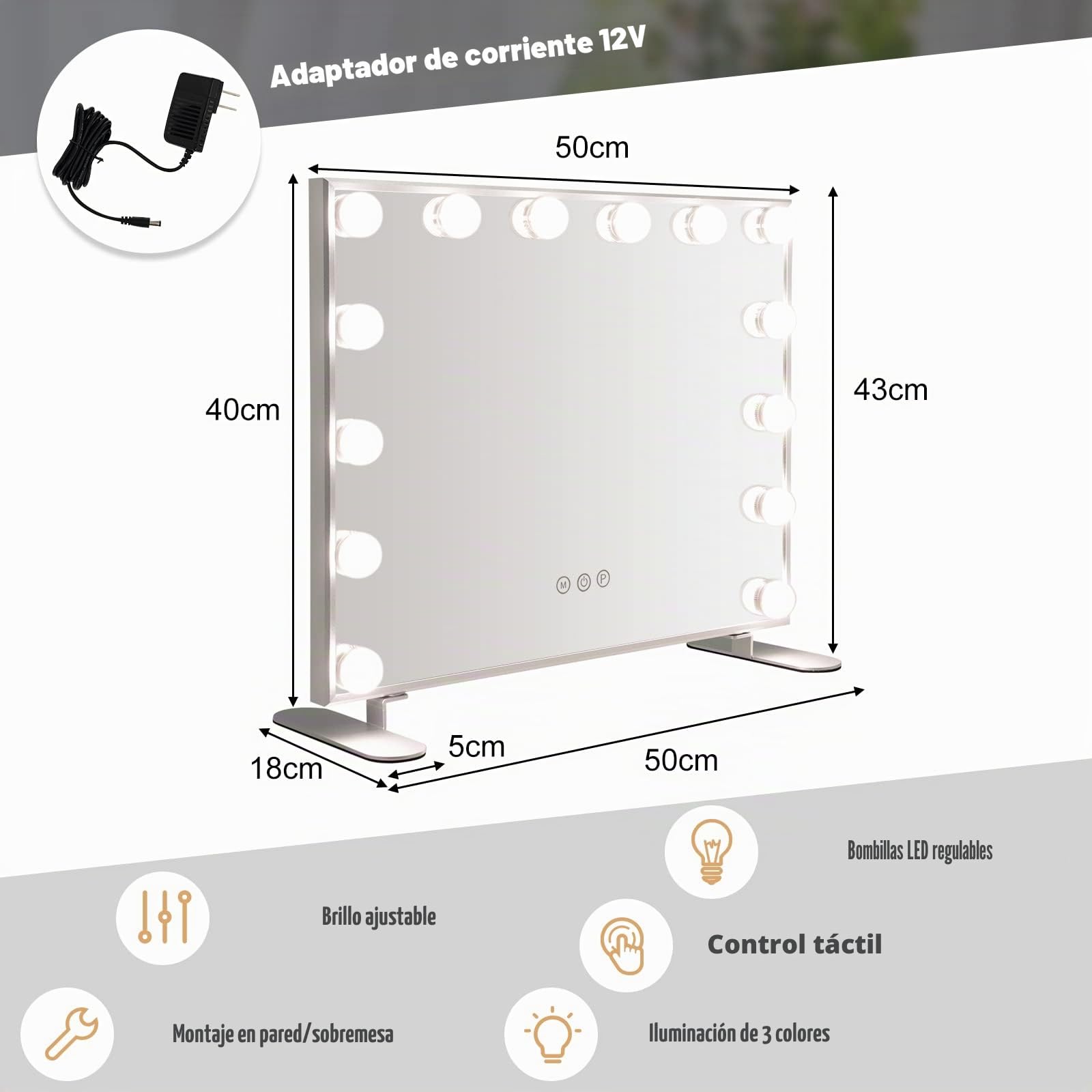 GOPLUS Espejo de Maquillaje Con 14 Luces LED, Hollywood 3 Colores de Luz, 2 en 1 de Pared Con Soporte de Metal, Cosmético Con Táctil Inteligente, 50 x 18 x 43 cm