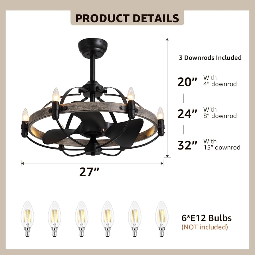 MOOONICHE 27'' Farmhouse Cage Ceiling Fan with Light Remote