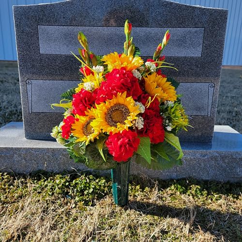 Vibrant Memorial Floral Arrangement - Yellow Sunflower & Red Geranium Cemetery Saddle Set - Realistic Silk Grave Decorations by Femme Savor - Image 8