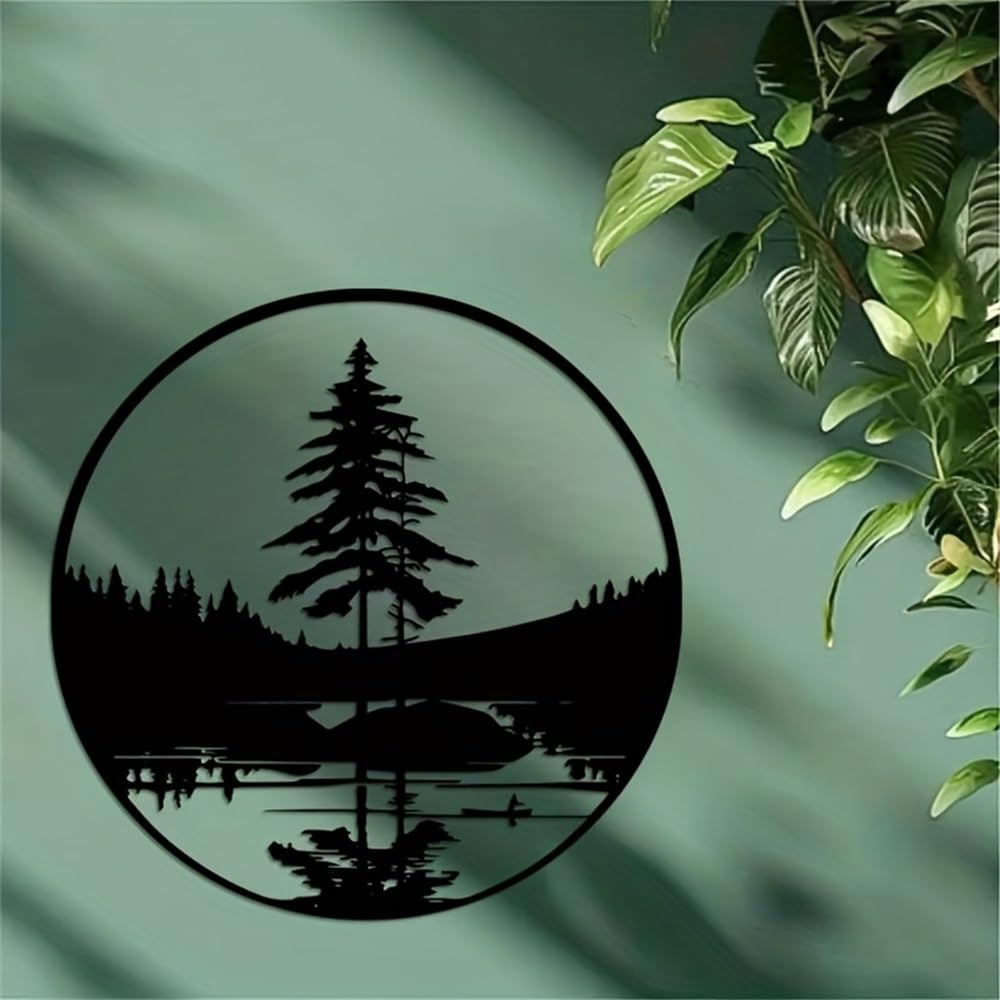Decoración de pared abstracta contemporánea de metal, escultura de lago y bosque, 40 cm/15,75 pulgadas, arte paisajístico moderno inspirado en la naturaleza para interiores y exteriores, patio y