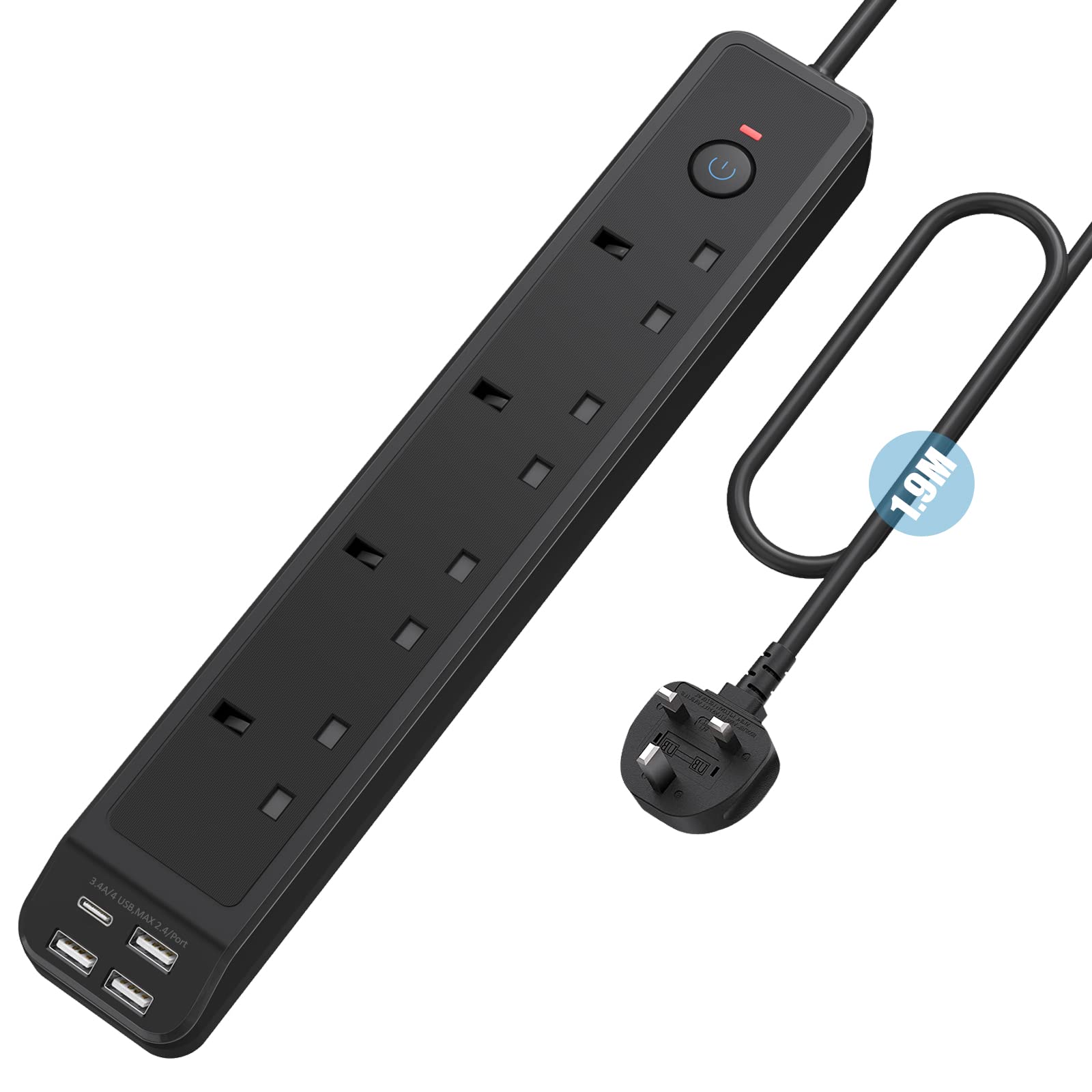 Buy Extension Lead with USB C Slots, 4 Way Multi Plug Socket with USB C