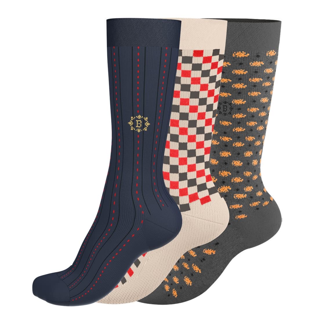 BURCHMARQ Trinity, Socks for Men, Premium Combed Cotton, Combo Pack of 3 Pairs, Size UK 6 to 8 (24 to 26 cm), Crew Length, Seamless, Formal and Dress Socks