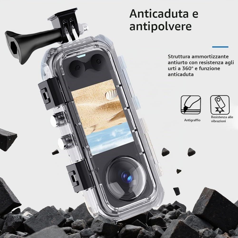 Custodia subacquea da 60 m per Insta360 per X5, custodia impermeabile in vetro temperato con adattatore da 1/4", custodia protettiva compatta per sott'acqua