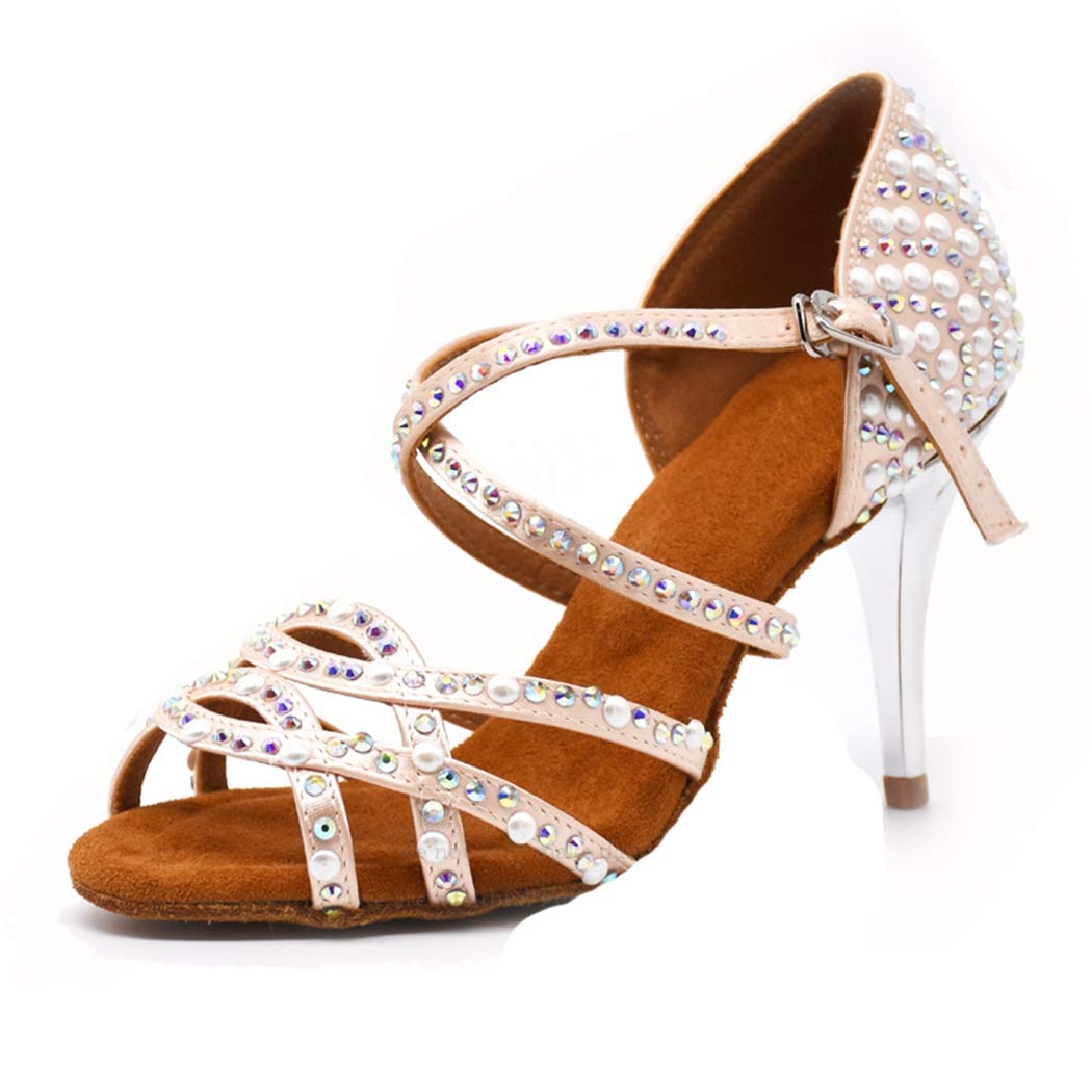 TDA Women's Open Toe Pearl Rhinestones Beige Satin Cut-Out Salsa Tango Prom Latin Modern Dance Shoes Wedding Praty Sandals 7.5 M US