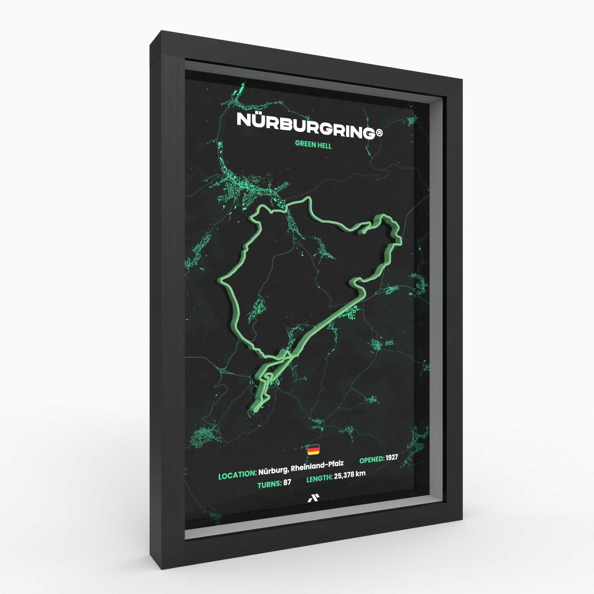 Generisch Nürburgring 3D Green Hell Motorsport A3 Poster in Cornice di Legno | Stampa 3D di Alta Qualità | Carta da 280g | Arte da Corsa 3D come Decorazione per Parete, Ufficio, Scrivania o come