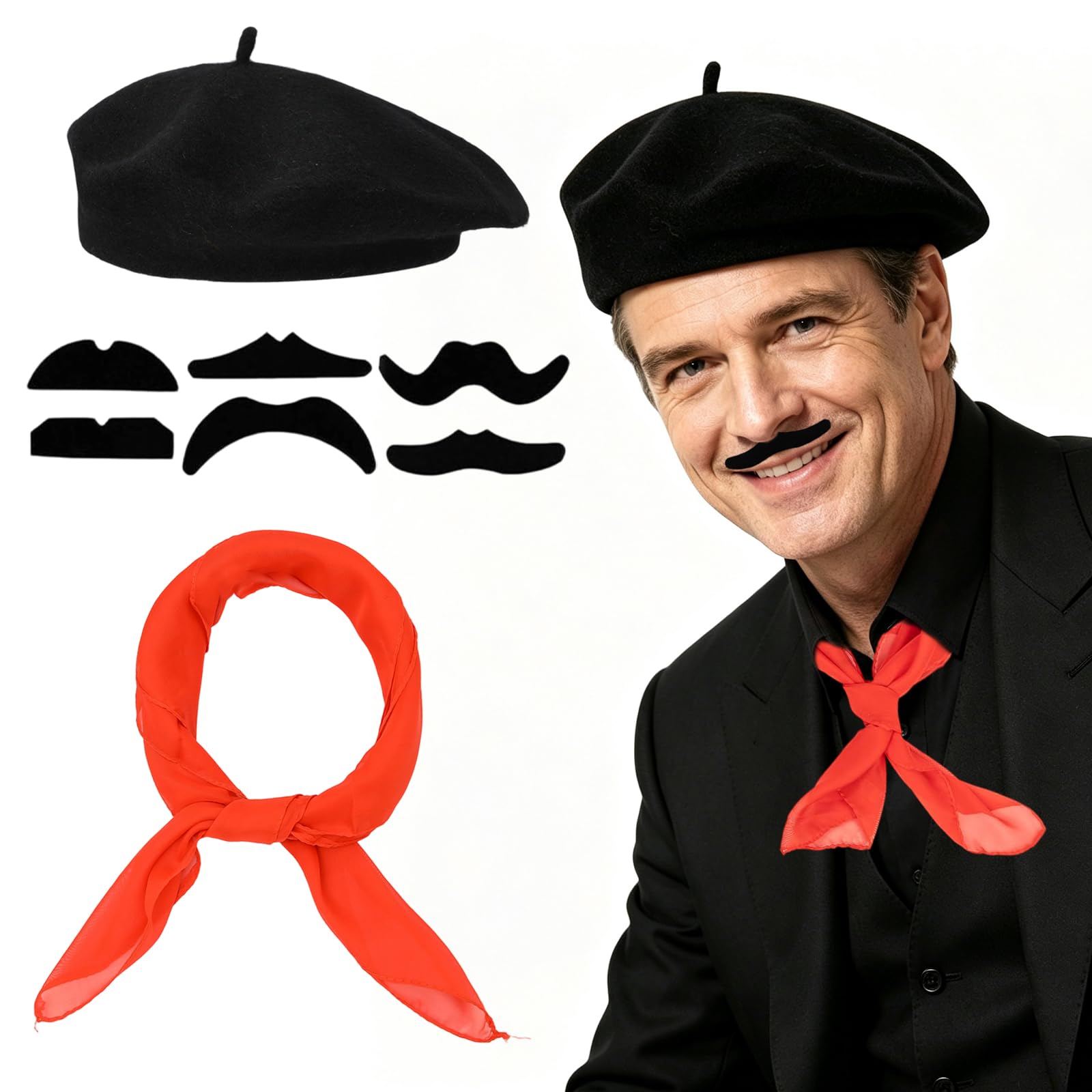 8 Piezas Disfraz de Carnaval Pantomima, Disfraz de Artista con Boina Negra, Bufanda y Bigotes Adhesivos, Accesorios para Disfraces Francés para Fiesta Temática y Carnaval