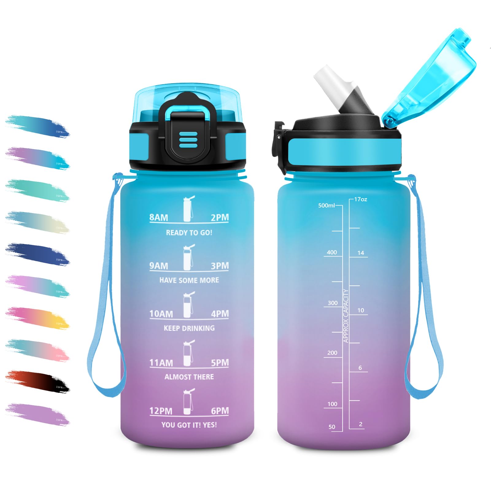 Drinkfles voor meisjes, 500 ml, lekvrij, motiverende waterfles met rietje, sportwaterfles met tijdweergave, drinkfles voor kinderen, camping, school, kantoor, werk
