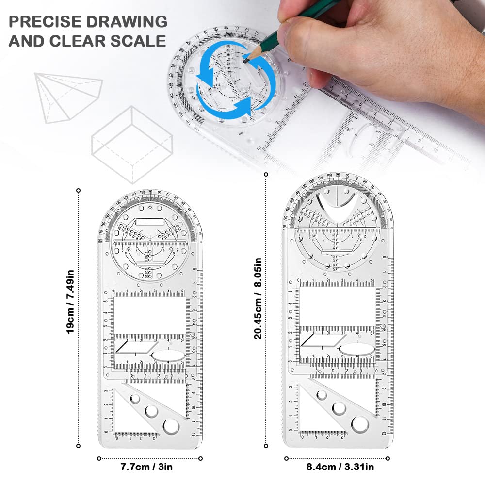 Vicloon 2Pcs Righelli Geometrici Multifunzionali con Matita, Stencil da Disegno Geometrico per Scuola e Ufficio