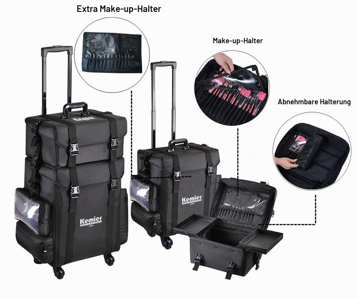 Make up Koffer - Professionell Schminkkoffer | Kosmetikkoffer groß mit Aufbewahrungsschubladen und 2 in 1 Omnidirektionale Räder für Reise, Wasserdicht Nylon Material, Schwarz
