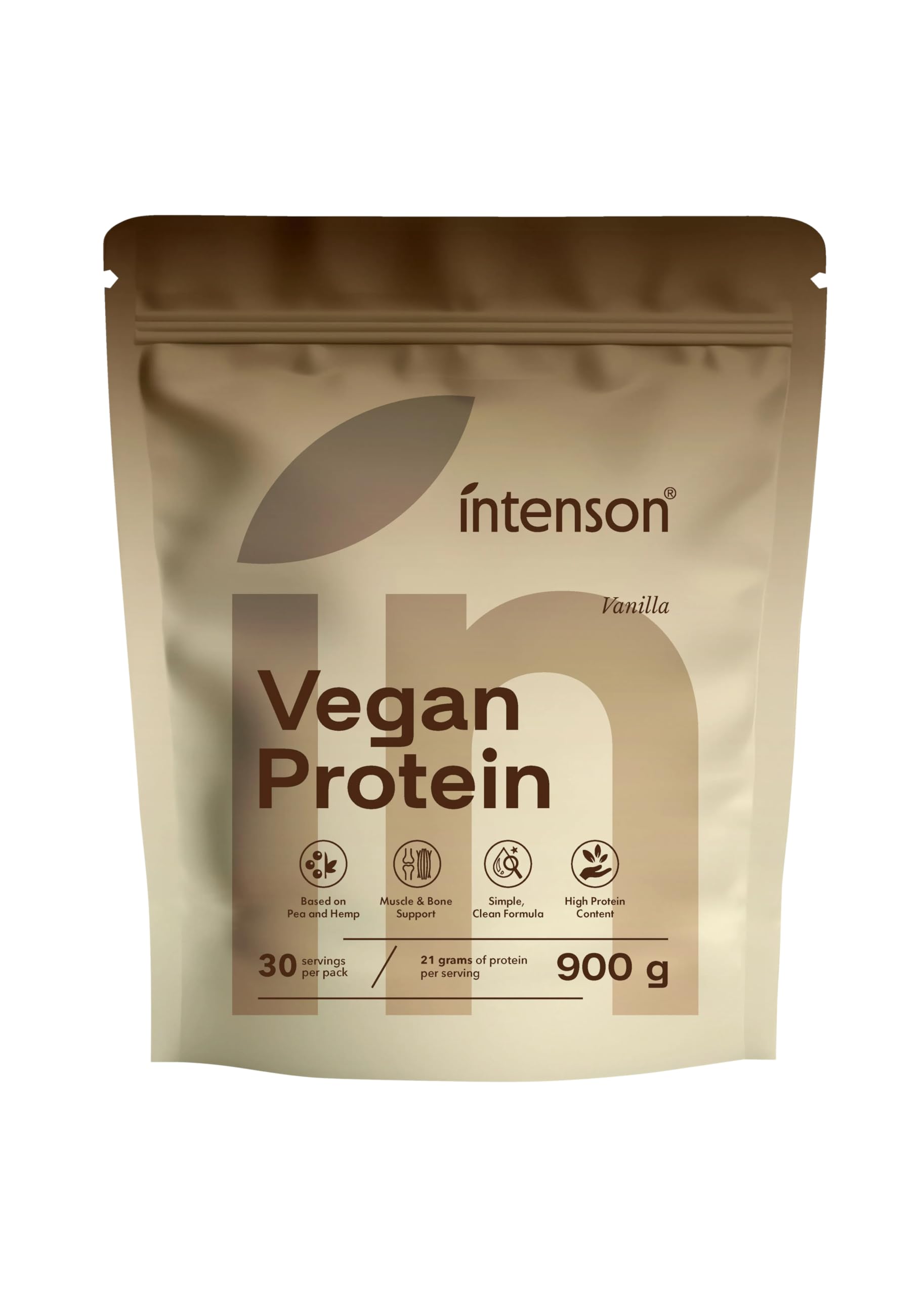 Intenson Vegan Protein Powder Vanille, 900 g, 21,9 g de Protéines par Portion, 30 Portions, Mélange Pois & Chanvre, 100% Végétal, Sans Lactose, Sans Gluten, Sans Sucre, Formule Clean