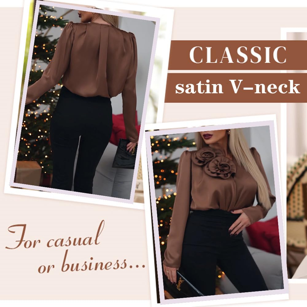 Blusa de satén de Lujo con Escote en V para Mujer, Camisa Elegante de Seda con Adornos de Rosas, Blusa de Manga Larga para Trabajo de Oficina