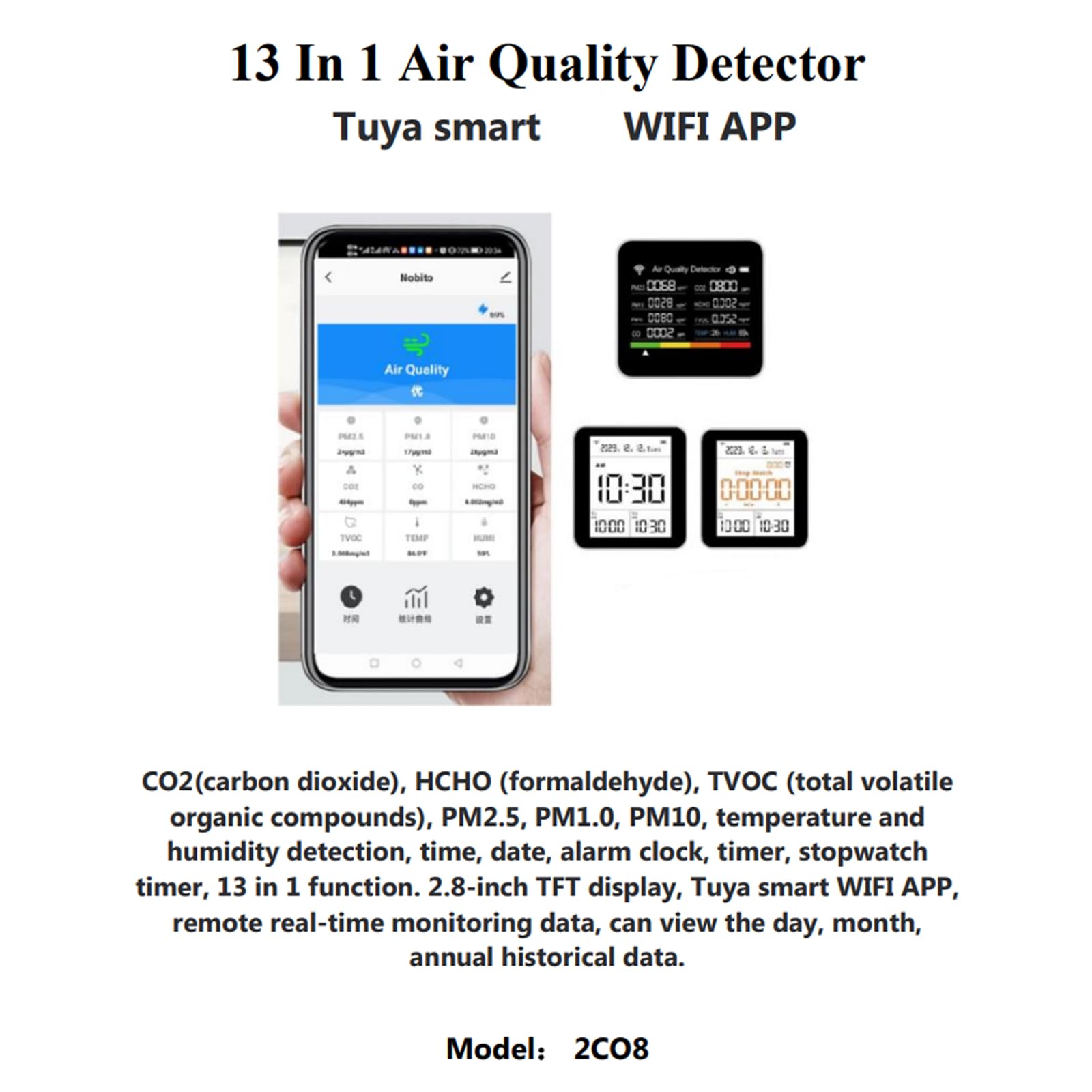 13 in 1 Temperatur- und Luftfeuchtigkeitsmonitore Multifunktions Luftqualitätsmonitore TVOC HCHO Tester mit PM2.5 PM1.0 PM10 CO2 Digital Hygrometer
