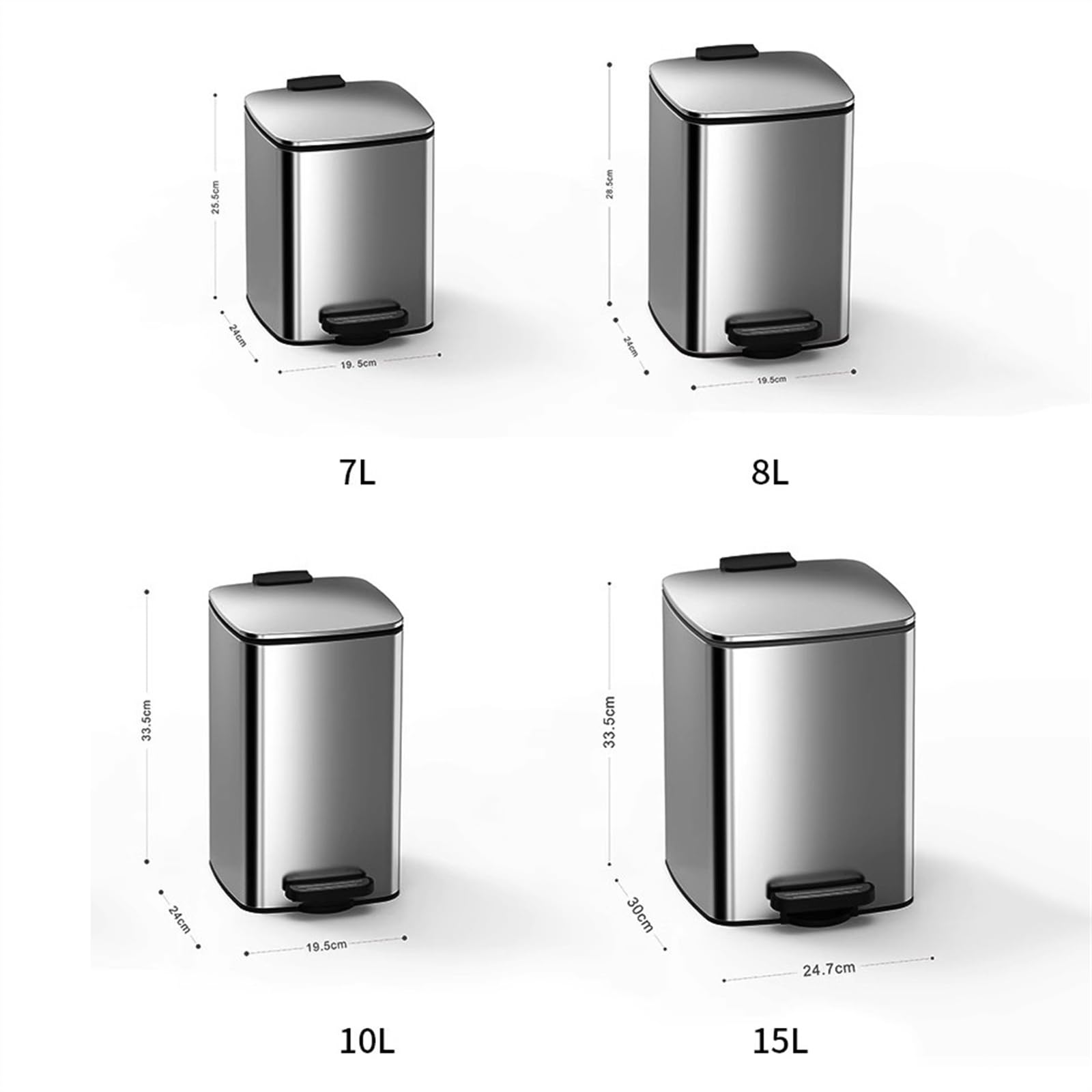 Müll- und Papierkorb Freihändiger quadratischer Mülleimer, verdickter Edelstahl-Treppenmülleimer mit Inneneimer und Soft-Close-Deckel for Küche, Bad, Wohnzimmer Küchenmülleimer(Schwarz,15L)
