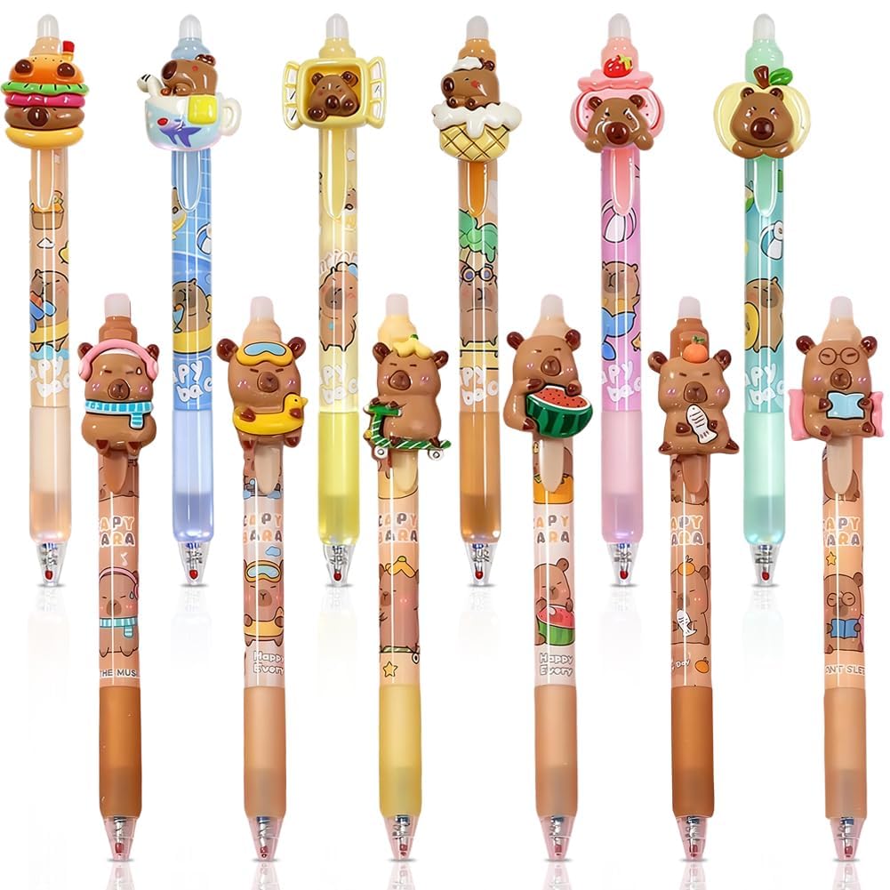 CYGMRFH Capybara Erasable Gel Pens 12 Pack – 12 Blue Ink Retractable Click Pens with Eraser, Smooth Writing Stationery Pens for School Exams Office Note-Taking, Cute Animal Design for Students Adults — image 1