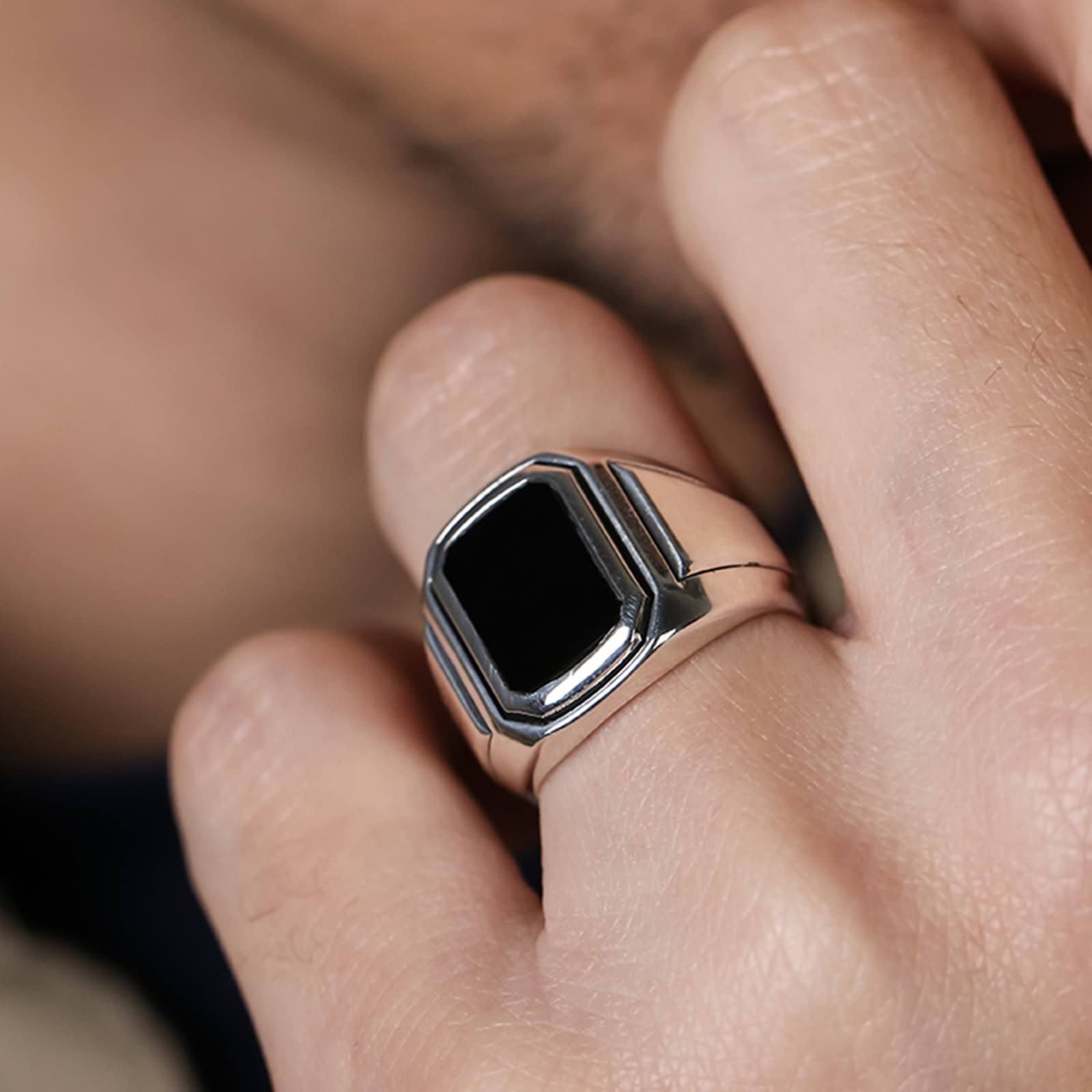 Beydodo Ring Männer Silber 925, Ring Personalisiert 18MM mit Schwarz Stein Siegelring Freundschaftsring Ring Herren Silber Große 56-65