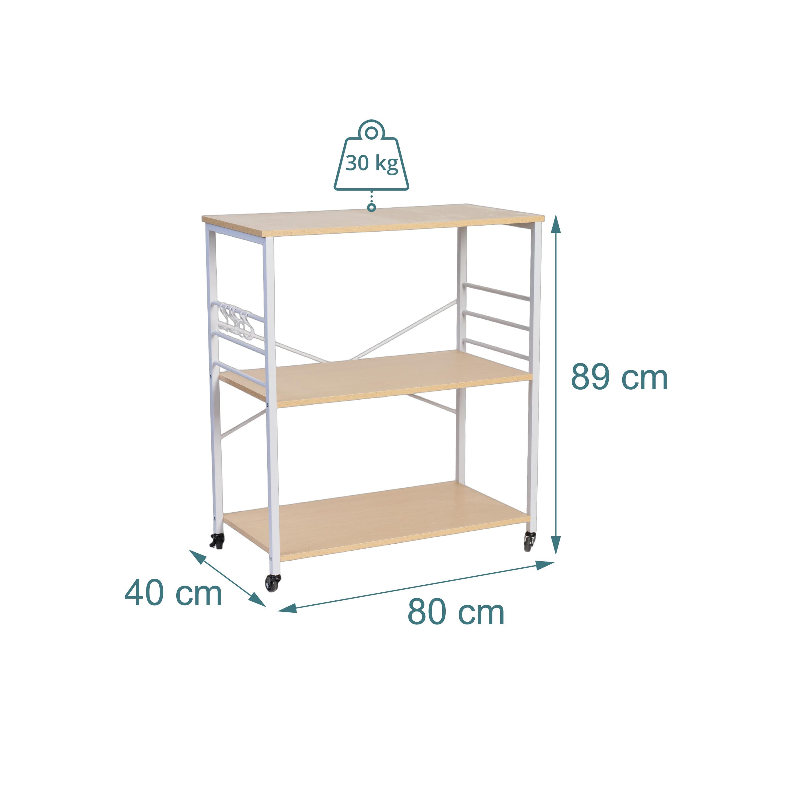 Relaxdays Carrello da Cucina, 3 Ripiani, 6 Ganci S, HxLxP: 89x80x40 cm, MDF & Acciaio, Naturale/Bianco