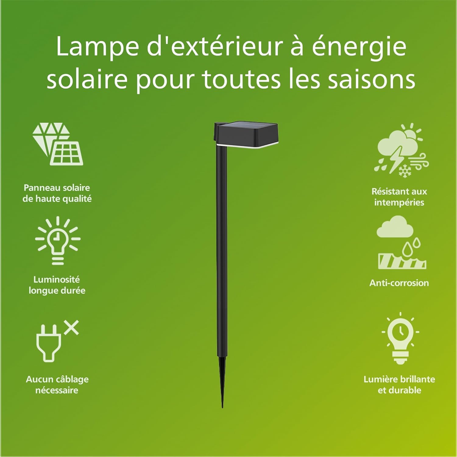 Philips Vapora, Applique murale solaire d'extérieur, 1,5 W, 2700 K, noire, IP44 résistante aux intempéries