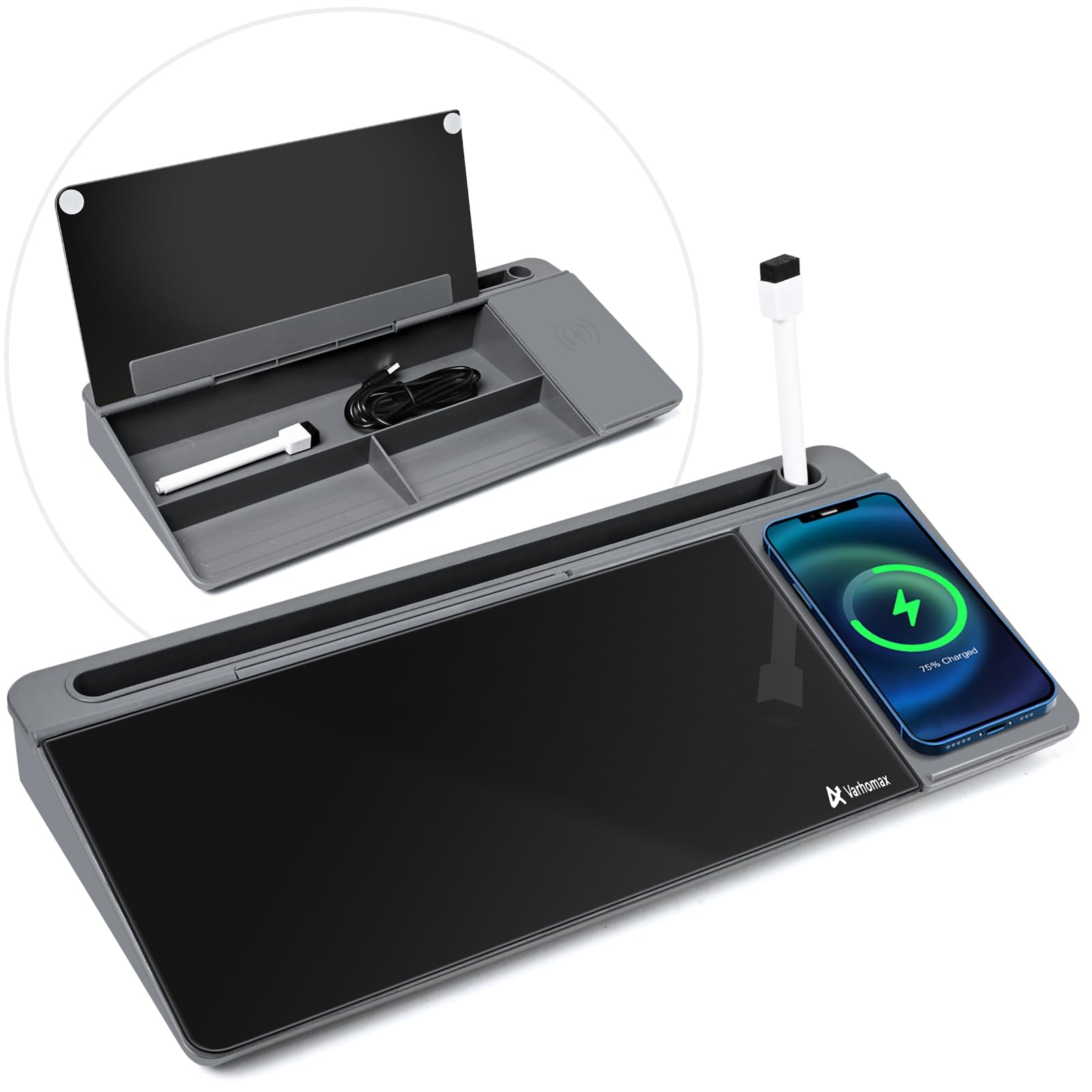 Varhomax Glass Desk Whiteboard with Wireless Charger, Desktop Organizer Dry Erase White Board with Storage, to Do List Memo Notepad for Home Office