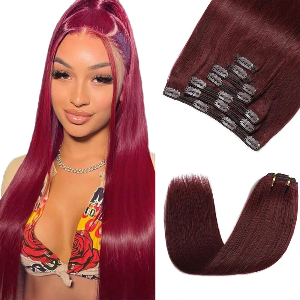 Photo 1 of 99J Clip in Extensions Human Hair 22 Inch Burgundy Straight Clip in Seamless Extensions Human Hair Skin Weft Seamless Invisible Unprocessed Brazilian Virgin Remy Hair 120g