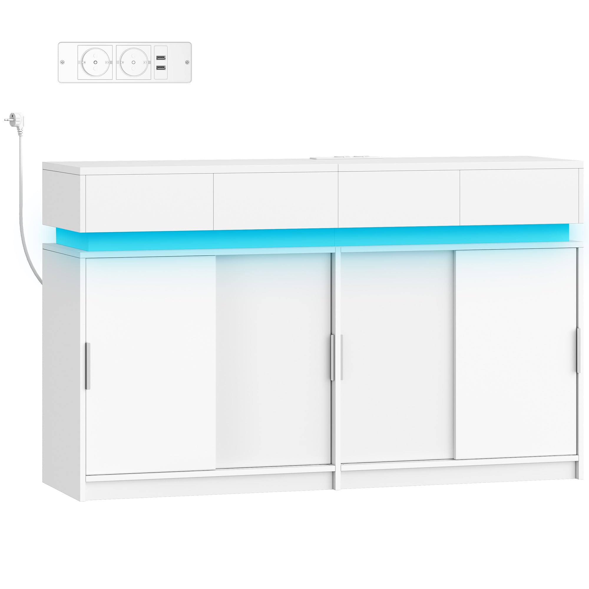 Hzuaneri Credenza Cucina, Mobile Cucina con 4 Cassetti, 4 Ante Scorrevoli, Presa Elettrica e Illuminazione a LED, Ripiani Regolabili, stile Moderno, per Cucina, Soggiorno, 40 x 140 x 85 cm, Bianco