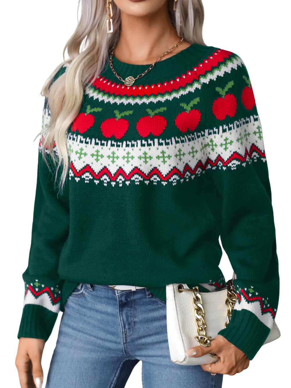 Fairisle Sweater Crewneck Patterned Sweaters for Women Vintage Christmas Thanksgiving Knit Tops