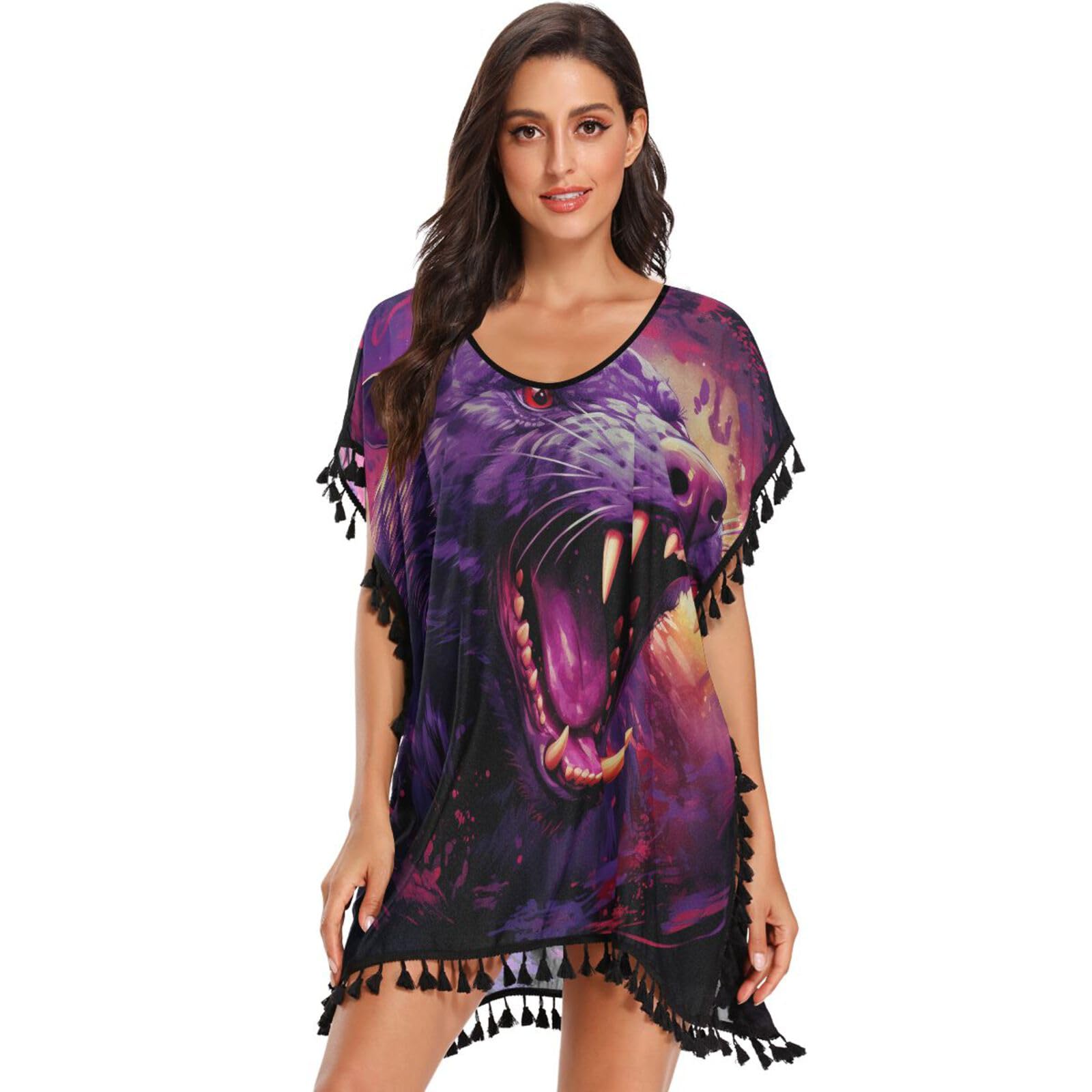 Purple Abstract Fire Leopard Women's Beach Cover Up Chiffon Tassel Swimwear Swimsuit Coverups for Girl