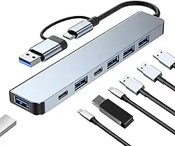 Hub USB 7 em 1 com USB 3.0 e Tipo C - Expansão Versátil com 5Gbps - Compatível C/MacBook, PC, Laptops, Pen Drive, Mouse, Teclado - Ideal para Transferência de Dados e Conexão de Múltiplos Dispositivos