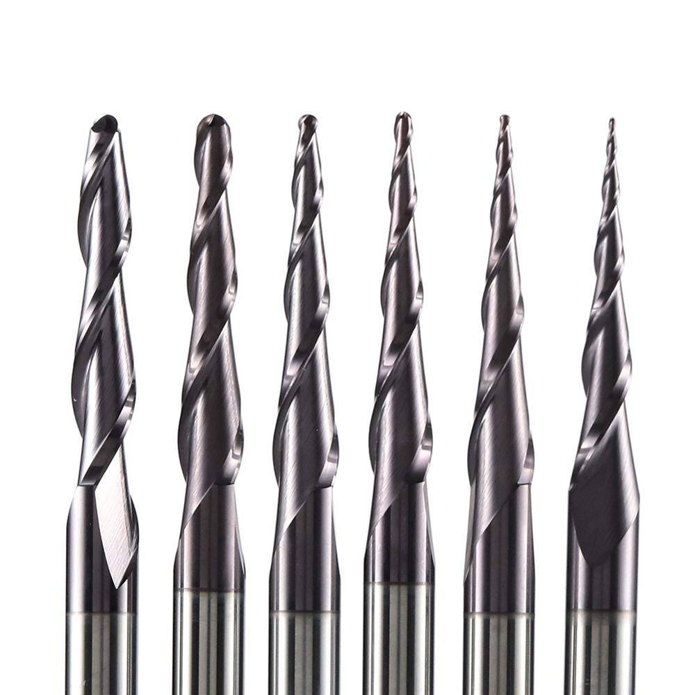 SpeTool 5 Stuks Schachtfrees Set R0,25, 3,175mm (1/8) schacht 2 fluiten Kogelfrees met Conische Punt Frees CNC volhardmetalen frees met TiAlN- coating voor 2D 3D gravure