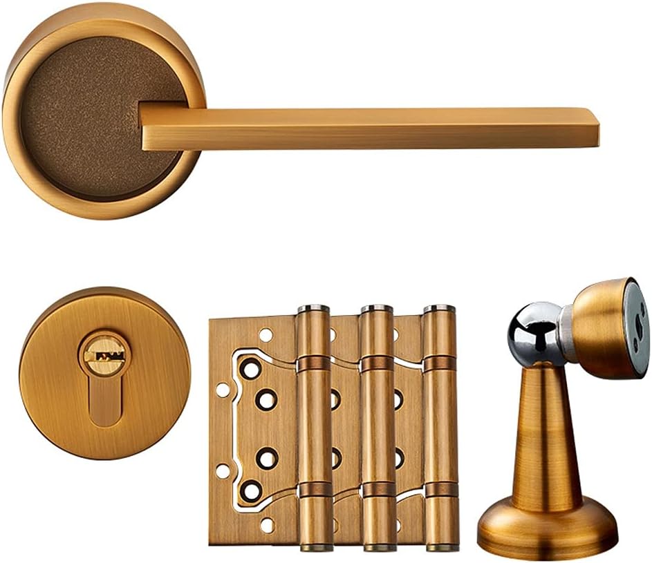 Door Knob Lever Metal Magnetic Door Lock Door Levers Door Handle with Key for Bedroom Bathroom Study Room Hallway Door Lock with Handle (Color : Gold Set+3 Pack Leer Page)
